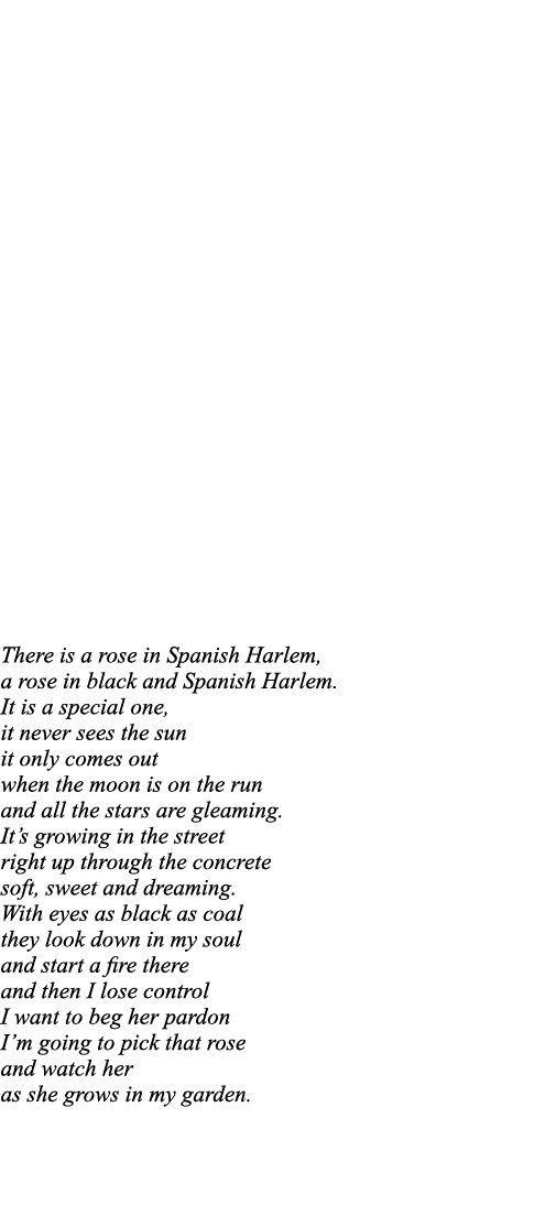 There is a rose in Spanish Harlem, a rose in black and Spanish Harlem  It is a special one, it never sees the sun it    
