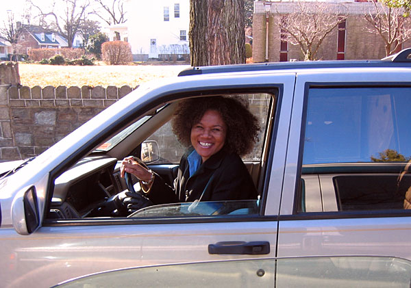 Sandra in her car