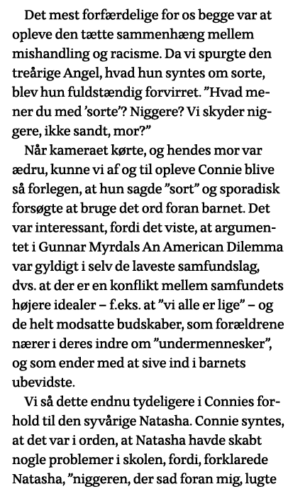 Det mest forfærdelige for os begge var at opleve den tætte sammenhæng mellem mishandling og racisme  Da vi spurgte de   