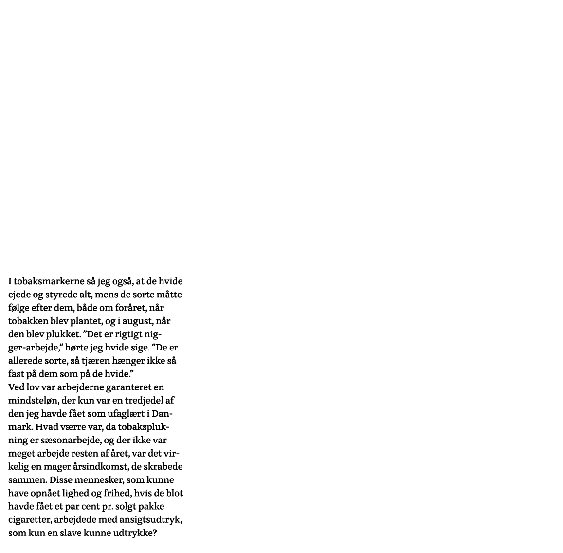     I tobaksmarkerne så jeg også, at de hvide ejede og styrede alt, mens de sorte måtte følge efter dem, både om forå   
