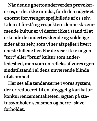 Når denne ghettounderverden provokerer os, er det ikke mindst, fordi den udgør et enormt forvrænget spejlbillede af o   