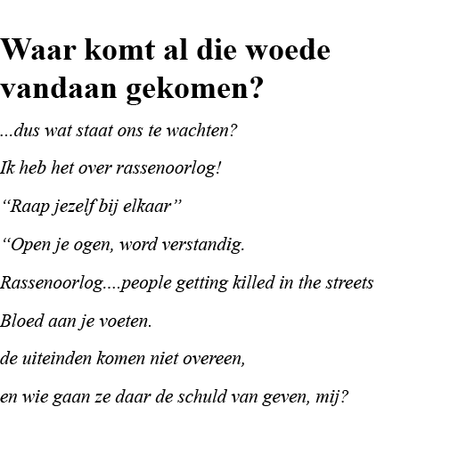  Waar komt al die woede vandaan gekomen     dus wat staat ons te wachten  Ik heb het over rassenoorlog   Raap jezelf    