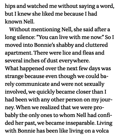 hips and watched me without saying a word, but I knew she liked me because I had known Nell    Without mentioning Nel   