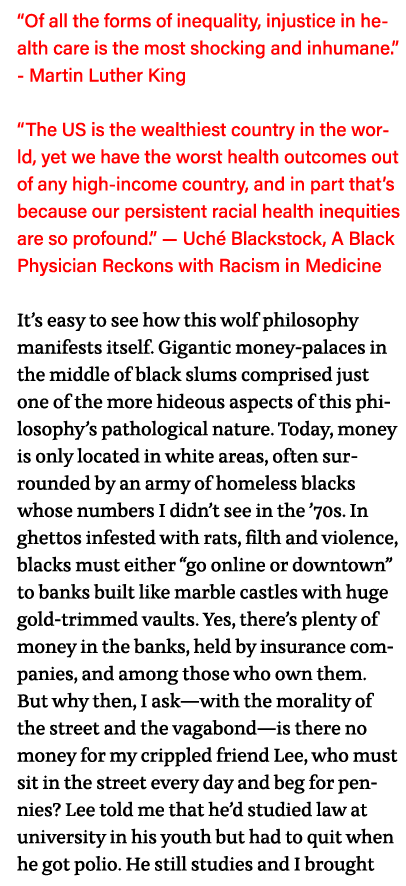  Of all the forms of inequality, injustice in health care is the most shocking and inhumane   - Martin Luther King  T   