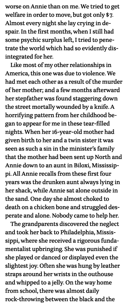 worse on Annie than on me  We tried to get welfare in order to move, but got only  7  Almost every night she lay cryi   