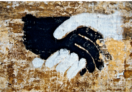 Painting of black white hands shaking hands