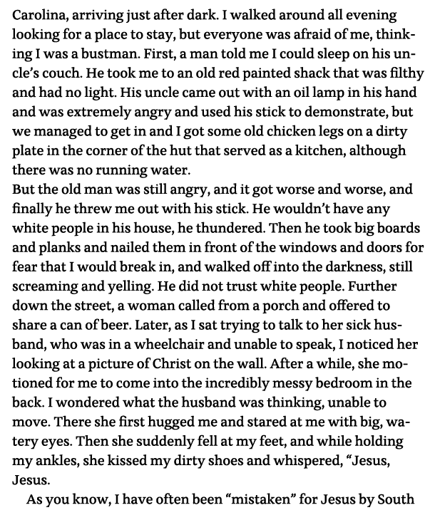 Carolina, arriving just after dark  I walked around all evening looking for a place to stay, but everyone was afraid    