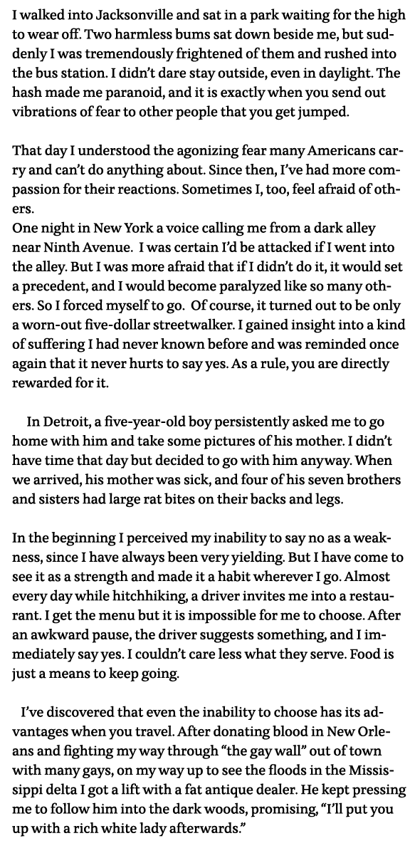 I walked into Jacksonville and sat in a park waiting for the high to wear off  Two harmless bums sat down beside me,    