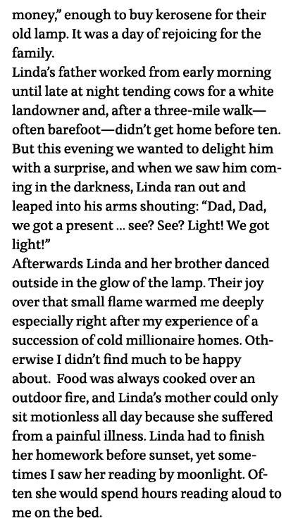 money,  enough to buy kerosene for their old lamp  It was a day of rejoicing for the family  Linda s father worked fr   