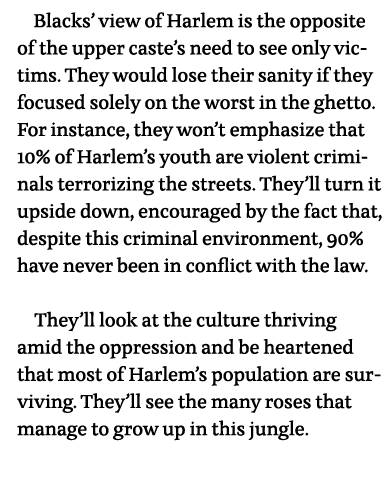   Blacks  view of Harlem is the opposite of the upper caste s need to see only victims  They would lose their sanity    