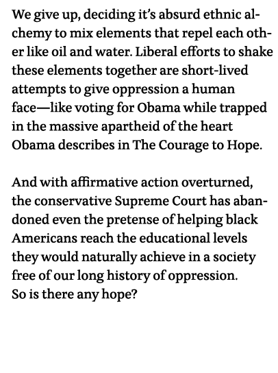 We give up, deciding it s absurd ethnic alchemy to mix elements that repel each other like oil and water  Liberal eff   