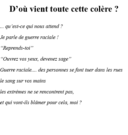 D où vient toute cette colère       qu est-ce qui nous attend   Je parle de guerre raciale    Reprends-toi   Ouvrez v   