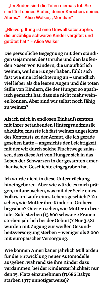  Im Süden sind die Toten niemals tot  Sie sind Teil deines Blutes, deiner Knochen, deines Atems     Alice Walker,  Me   