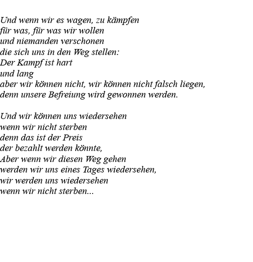  Und wenn wir es wagen, zu kämpfen für was, für was wir wollen und niemanden verschonen die sich uns in den Weg stell   