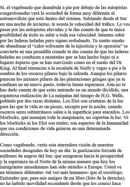 Sí, el vagabundo que deambula a pie por debajo de las autopistas congestionadas verá la sociedad de forma muy diferen   
