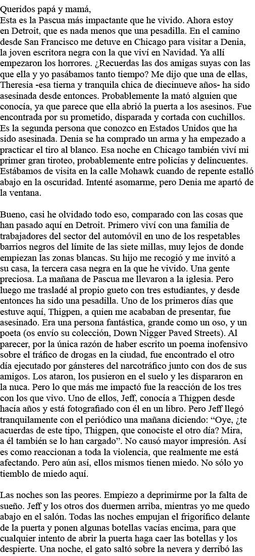 Queridos papá y mamá, Esta es la Pascua más impactante que he vivido  Ahora estoy en Detroit, que es nada menos que u   