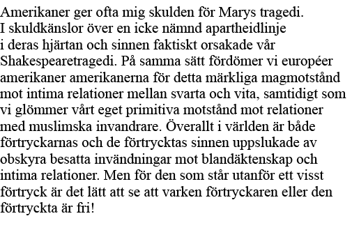 Amerikaner ger ofta mig skulden för Marys tragedi  I skuldkänslor över en icke nämnd apartheidlinje i deras hjärtan o   