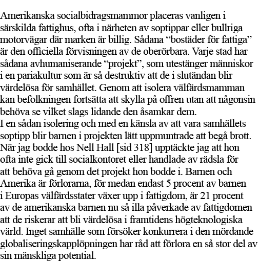 Amerikanska socialbidragsmammor placeras vanligen i särskilda fattighus, ofta i närheten av soptippar eller bullriga    