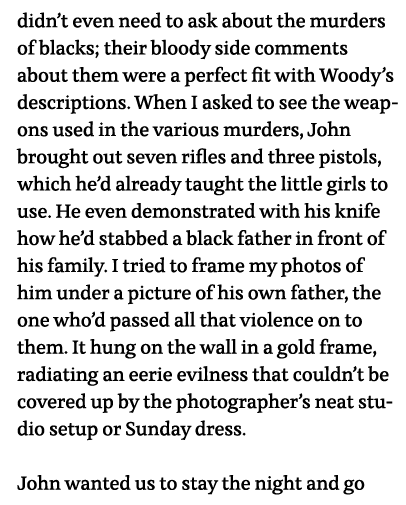 didn t even need to ask about the murders of blacks; their bloody side comments about them were a perfect fit with Wo   
