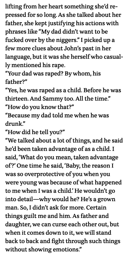 lifting from her heart something she d repressed for so long  As she talked about her father, she kept justifying his   